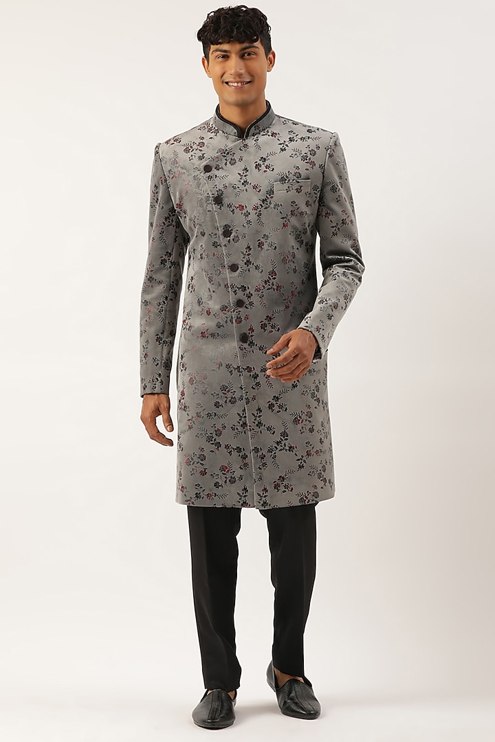 Grey Silk Cotton Printed Angrakha Indowestern Set by The Ethnic Co