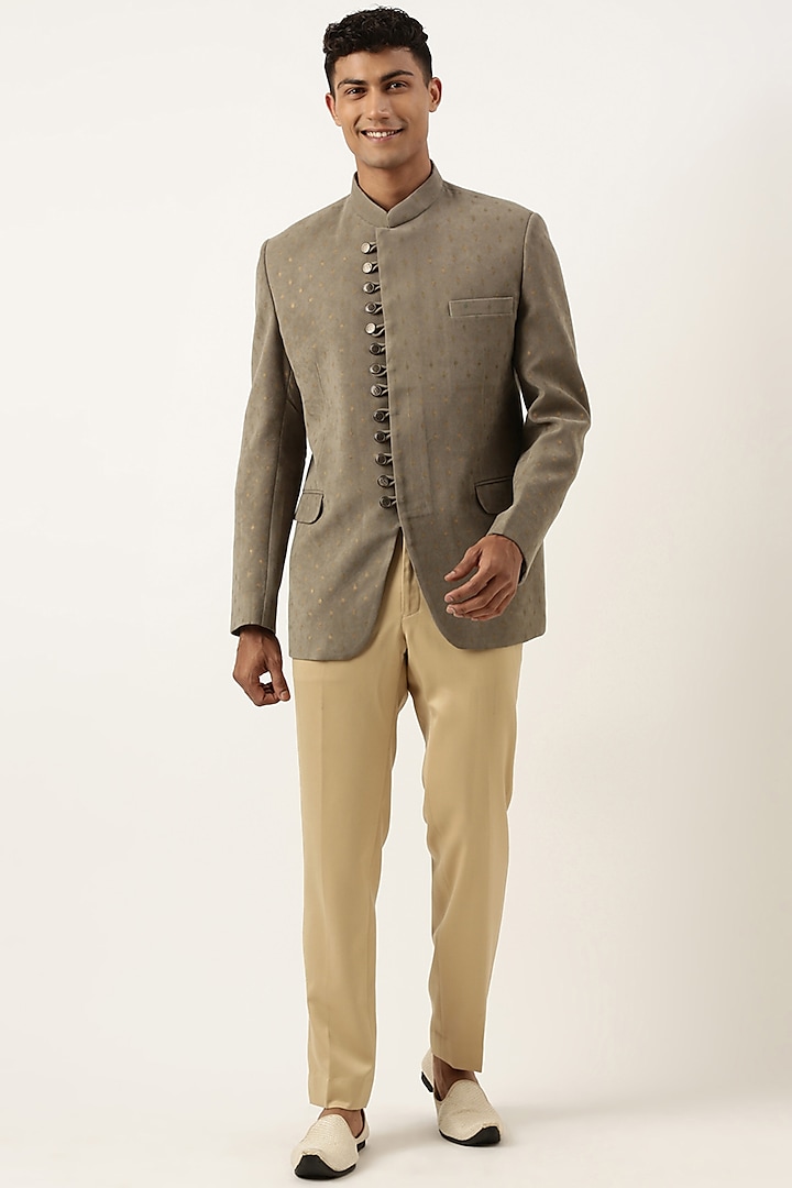 Olive Suede Motifs Bandhgala Set by The Ethnic Co
