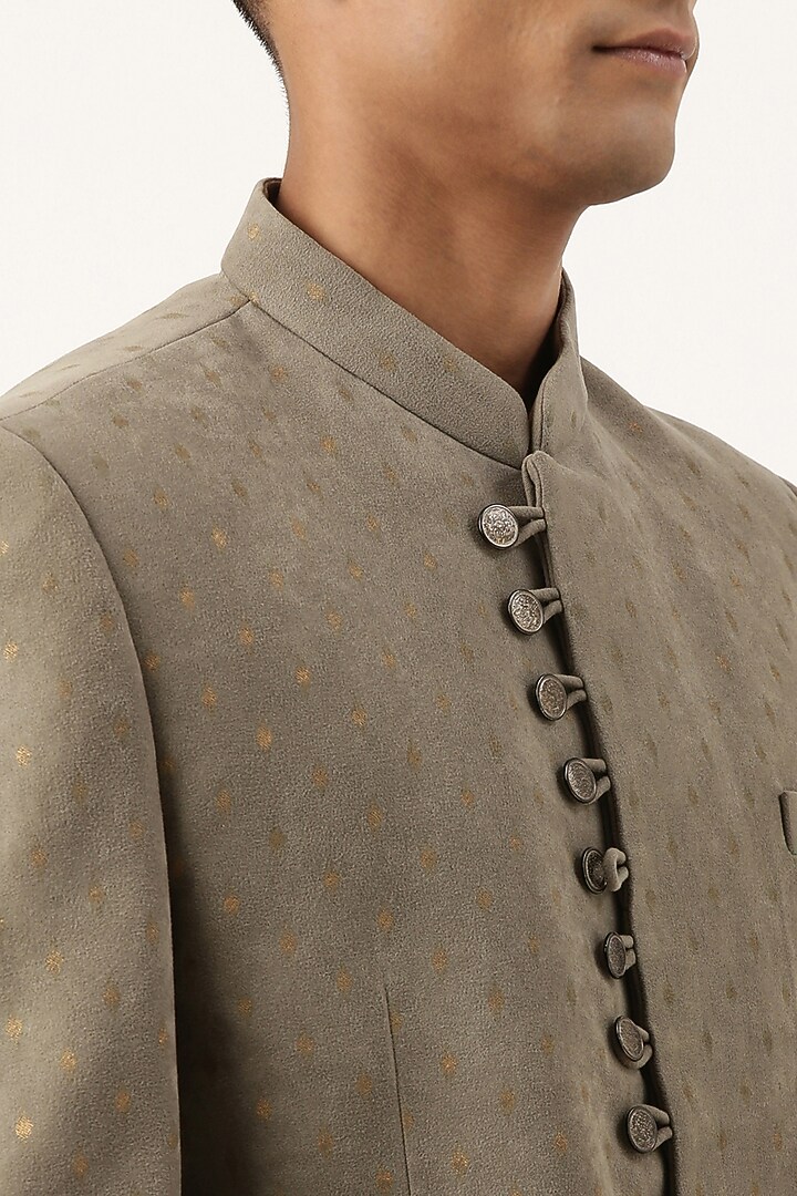 Olive Suede Motifs Bandhgala Set by The Ethnic Co at Pernia's Pop Up Shop