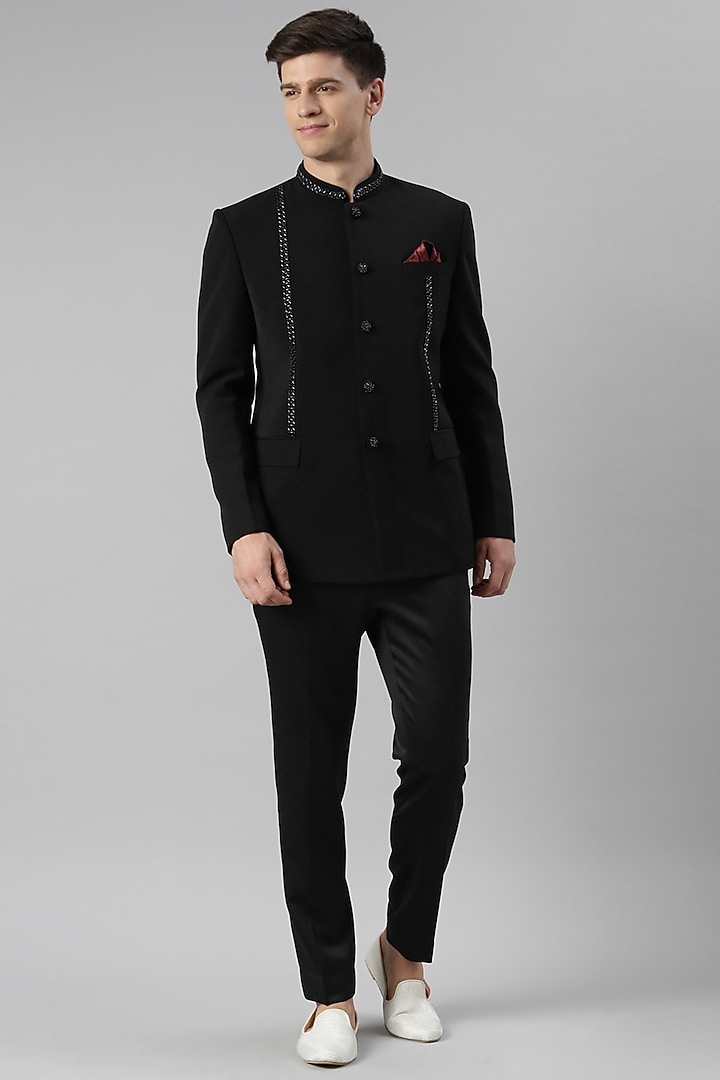 Black Silk Cotton Embroidered Bandhgala Set by The Ethnic Co at Pernia's Pop Up Shop