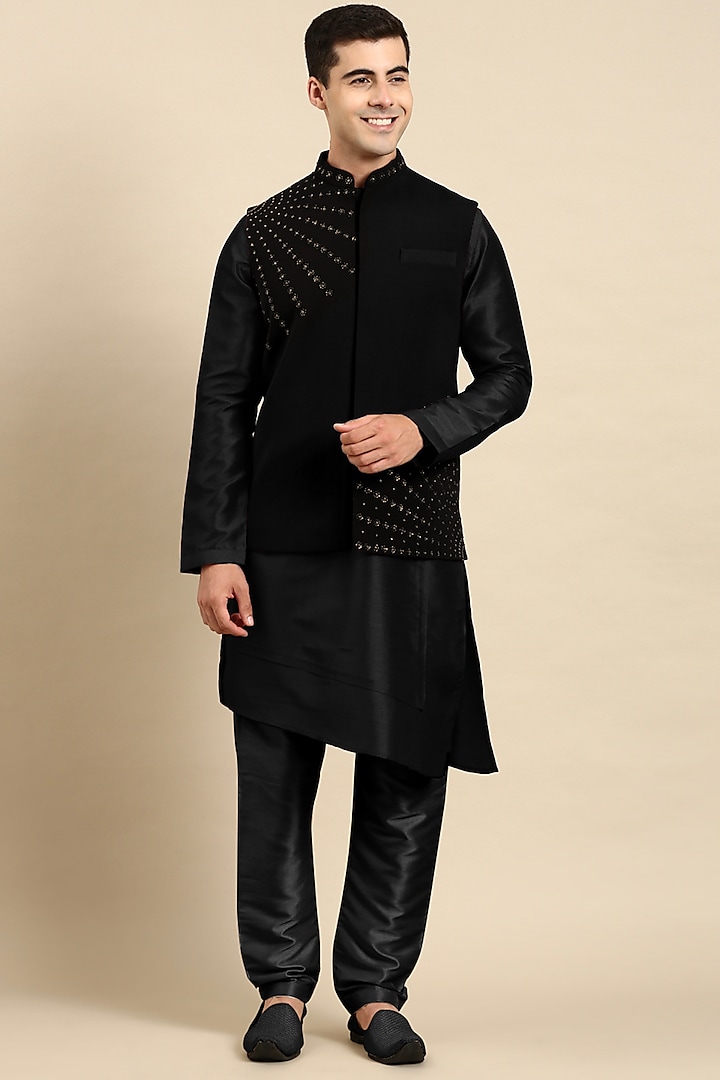 Black Silk Cotton Bundi Jacket Set by The Ethnic Co