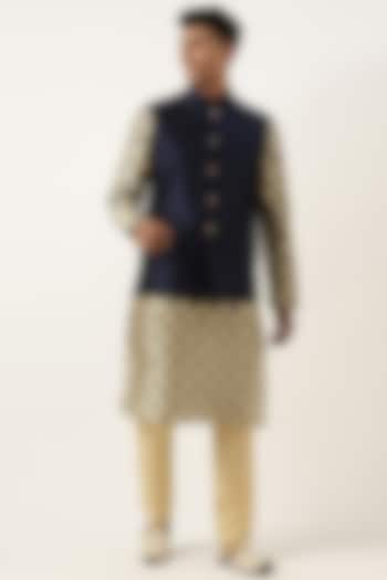 Navy Blue Silk Printed Bundi Jacket Set by The Ethnic Co