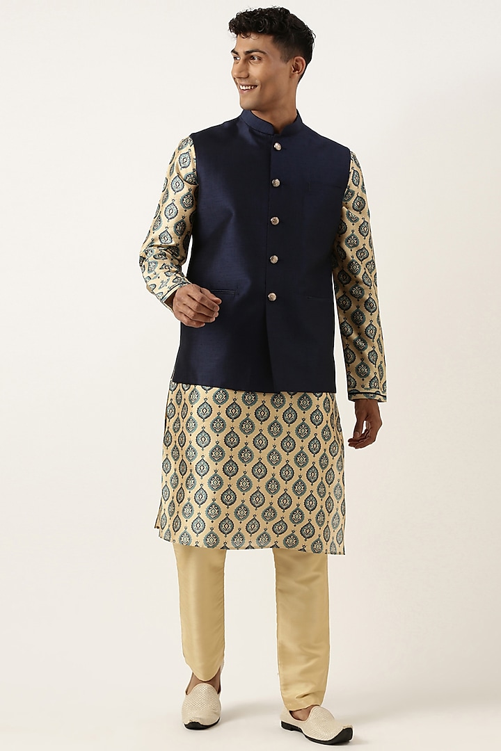 Navy Blue Silk Printed Bundi Jacket Set by The Ethnic Co