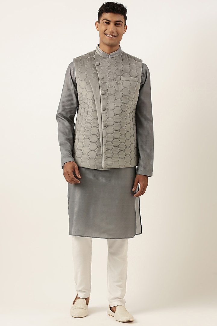 Grey Velvet Bundi Jacket Set by The Ethnic Co