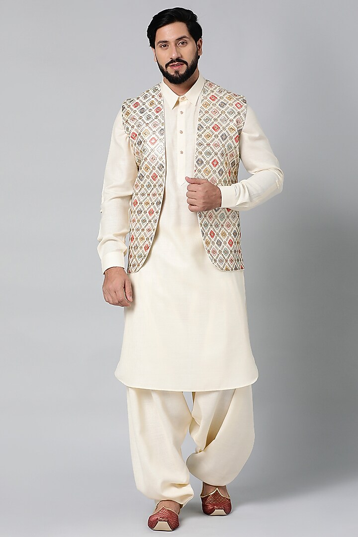 Cream Silk Cotton Bundi Jacket Set by The Ethnic Co at Pernia's Pop Up Shop