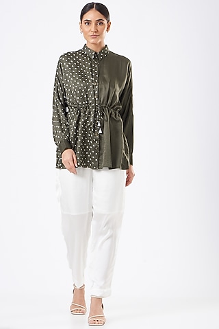 Olive Green Silk Printed Top by The Pot Plant