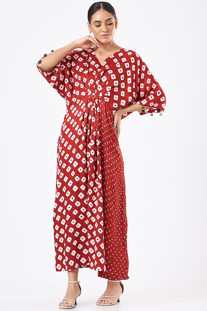Red Bandhani Printed Fasten Dress by The Pot Plant