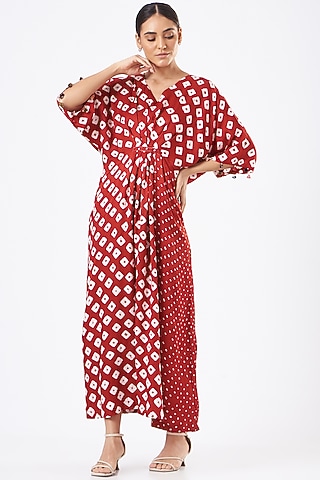 Red Bandhani Printed Fasten Dress by The Pot Plant