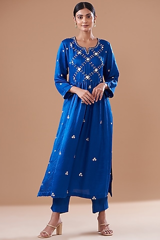 Blue Silk Embroidered Kurta Set by The Pot Plant