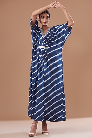 Blue Cotton Silk Printed & Embroidered Kaftan by The Pot Plant