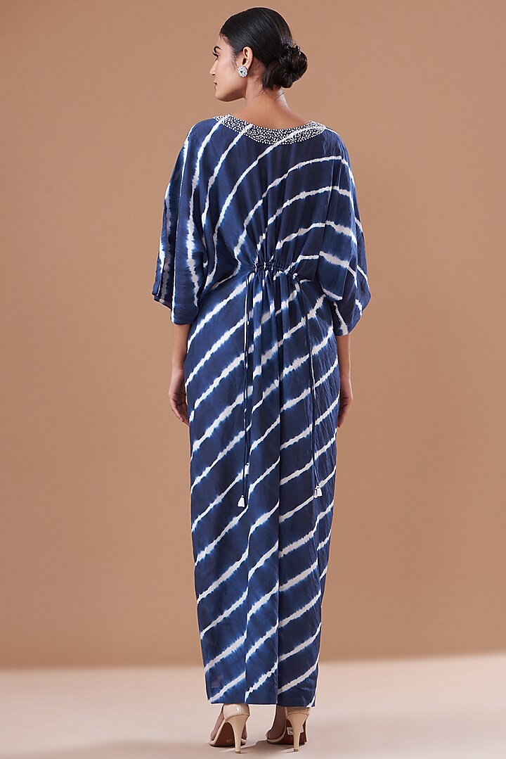Blue Cotton Silk Printed & Embroidered Kaftan by The Pot Plant at Pernia's Pop Up Shop