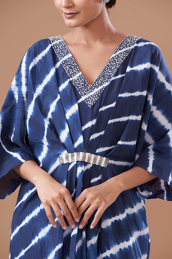 Blue Cotton Silk Printed & Embroidered Kaftan by The Pot Plant at Pernia's Pop Up Shop