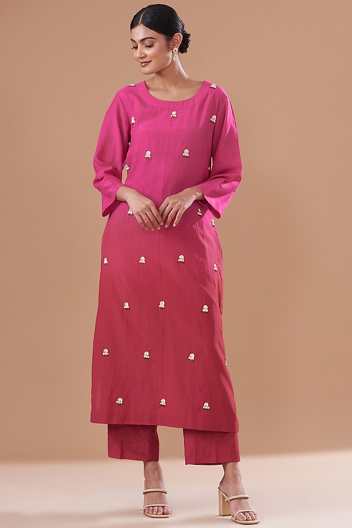 Pink & Red Ombre Cotton Silk Embroidered Kurta Set by The Pot Plant