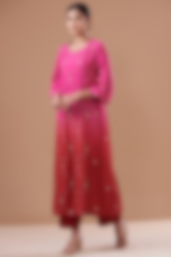 Pink & Red Ombre Cotton Silk Embroidered Kurta Set by The Pot Plant