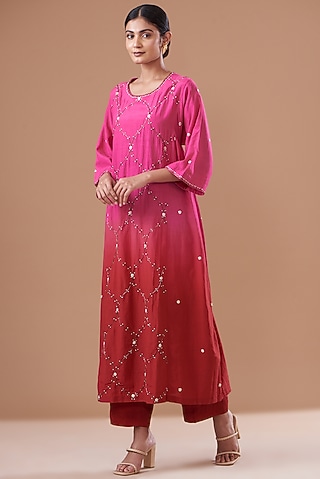 Pink & Red Ombre Cotton Silk Embroidered Kurta Set by The Pot Plant