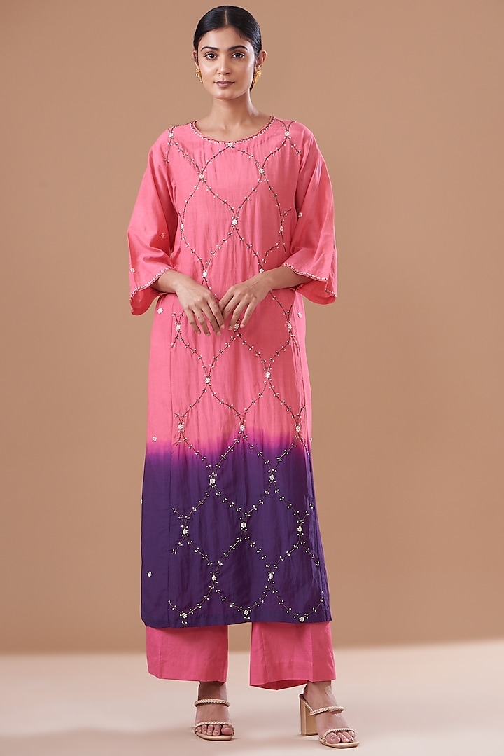 Pink & Purple Ombre Cotton Silk Embroidered Kurta Set by The Pot Plant