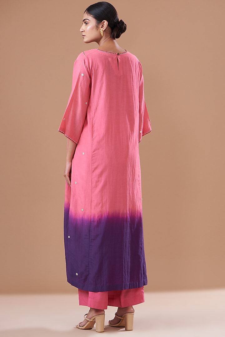 Pink & Purple Ombre Cotton Silk Embroidered Kurta Set by The Pot Plant at Pernia's Pop Up Shop