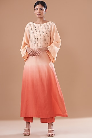 Peach & Orange Ombre Cotton Silk Embroidered Kurta Set by The Pot Plant