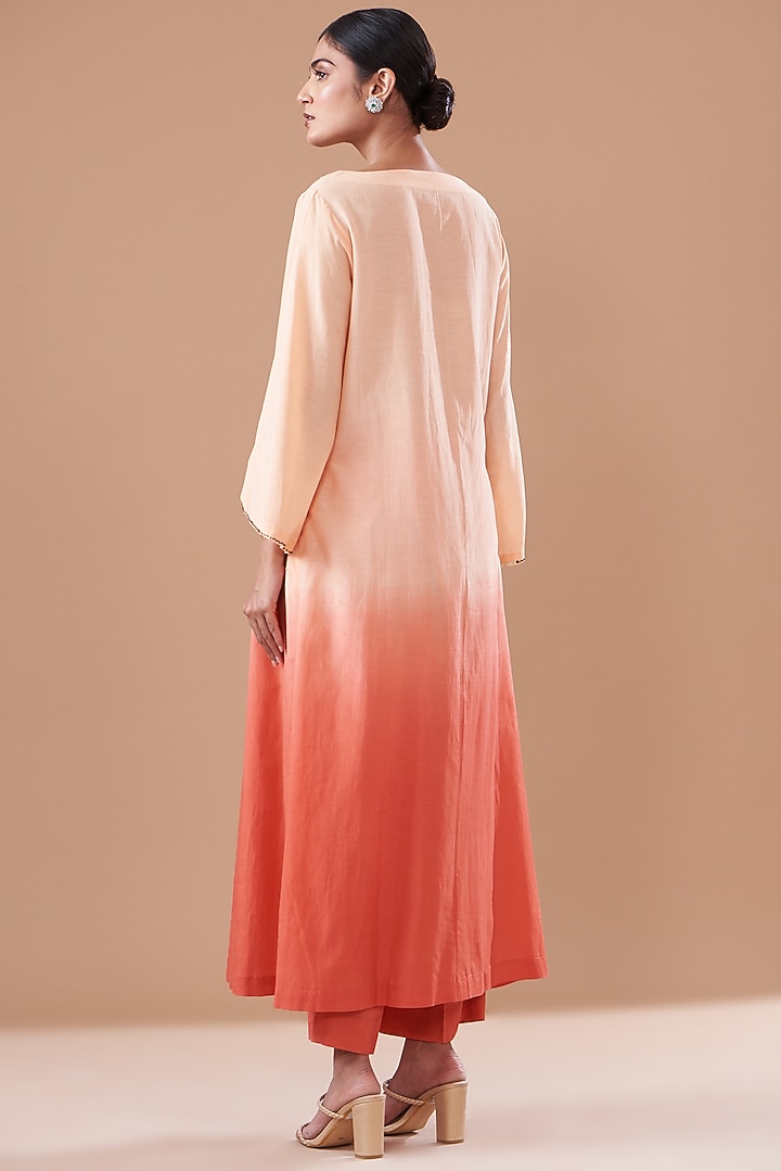 Peach & Orange Ombre Cotton Silk Embroidered Kurta Set by The Pot Plant at Pernia's Pop Up Shop