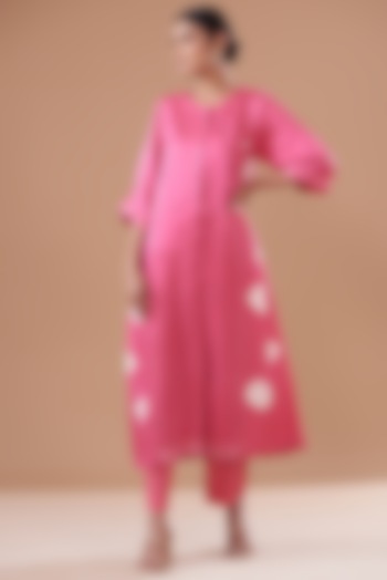 Pink Silk Embroidered & Printed Kurta Set by The Pot Plant