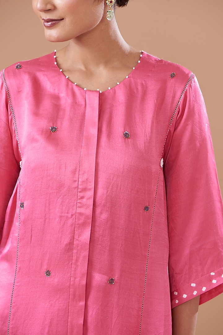 Pink Silk Embroidered & Printed Kurta Set by The Pot Plant at Pernia's Pop Up Shop