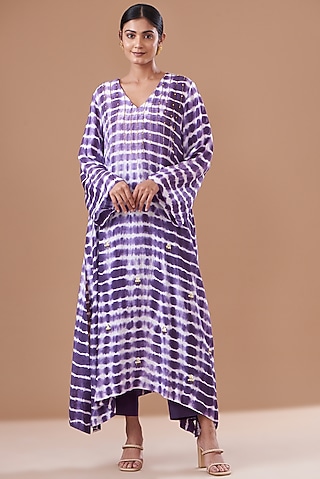 Purple Cotton Silk Embroidered & Printed Kurta Set by The Pot Plant