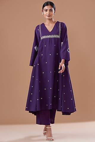 Purple Cotton Silk Embroidered & Printed Kurta Set by The Pot Plant