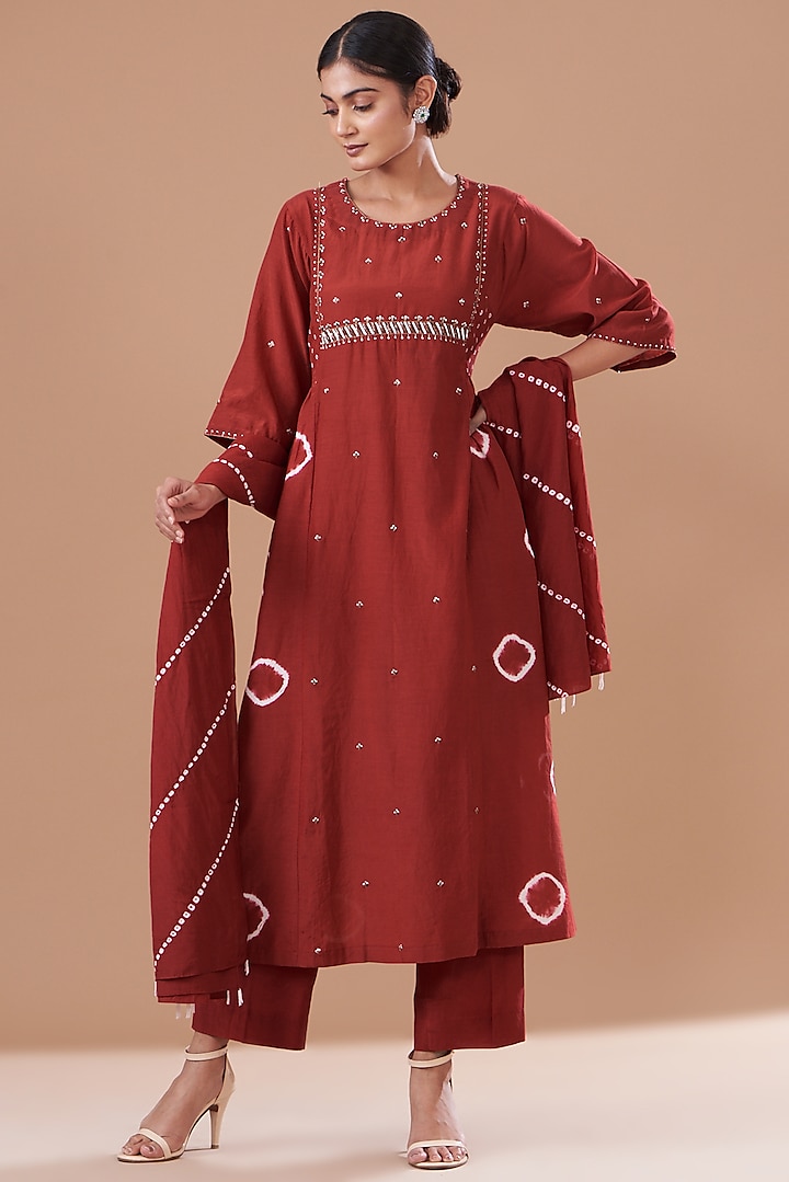 Red Cotton Silk Embroidered & Printed Kurta Set by The Pot Plant