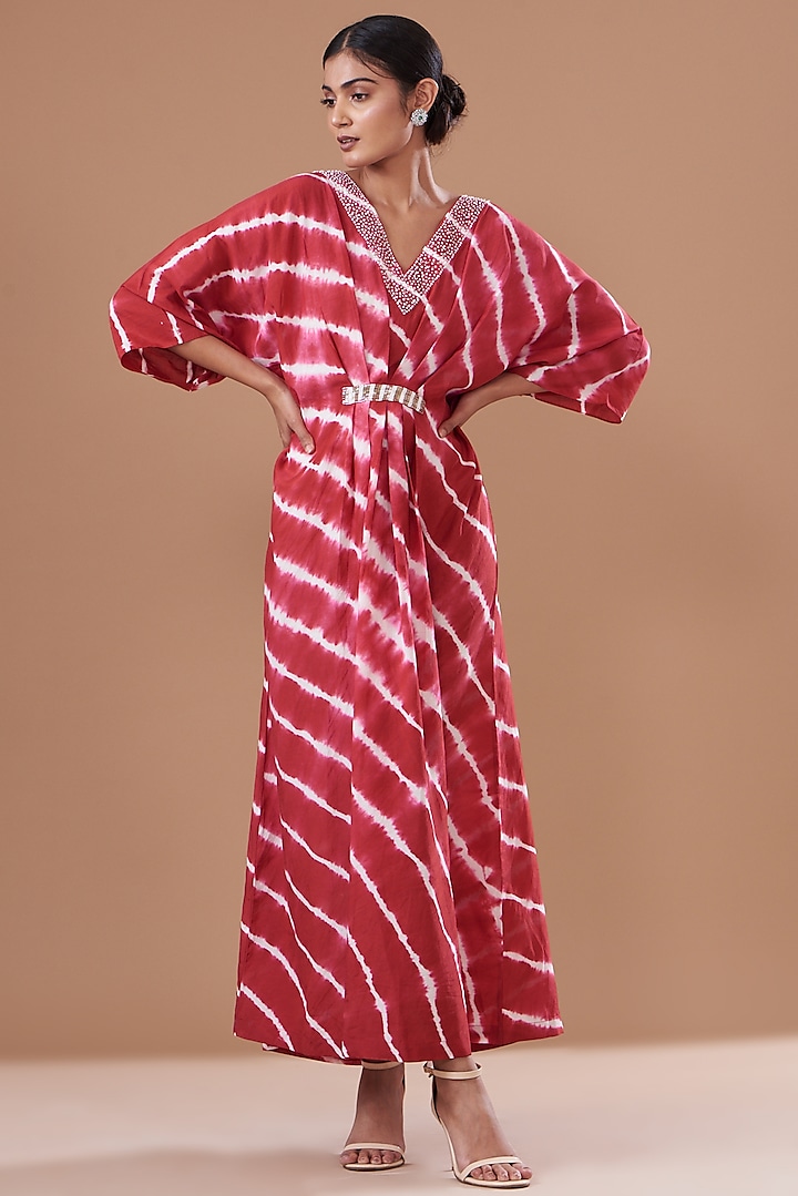 Red Cotton Silk Printed & Embroidered Kaftan by The Pot Plant