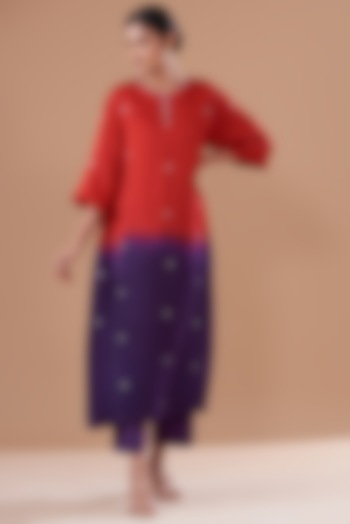 Red & Purple Ombre Silk Embroidered Kurta Set by The Pot Plant