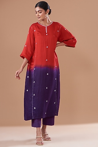 Red & Purple Ombre Silk Embroidered Kurta Set by The Pot Plant