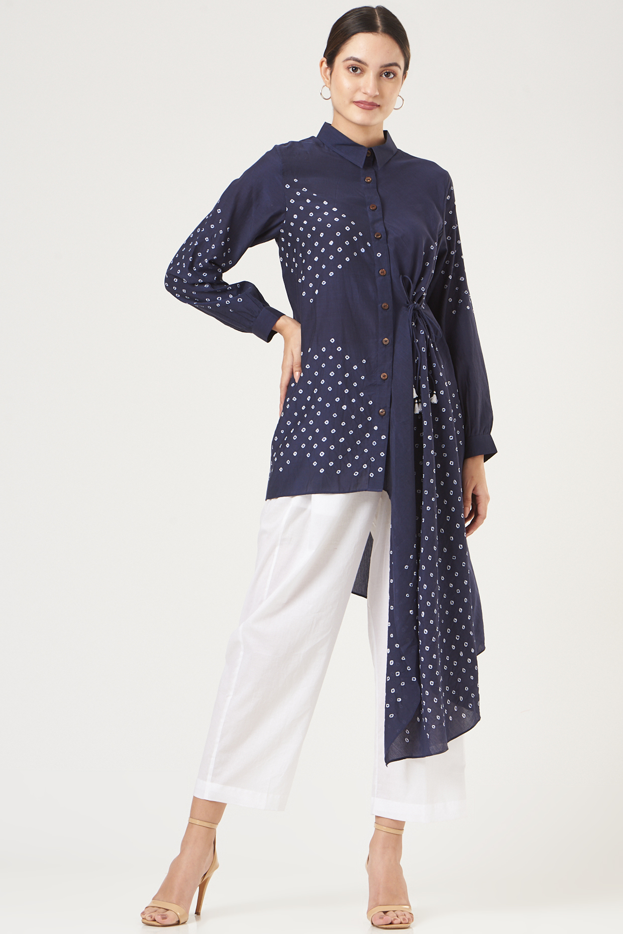 Blue Bandhani Asymmetrical Draped Shirt by The Pot Plant