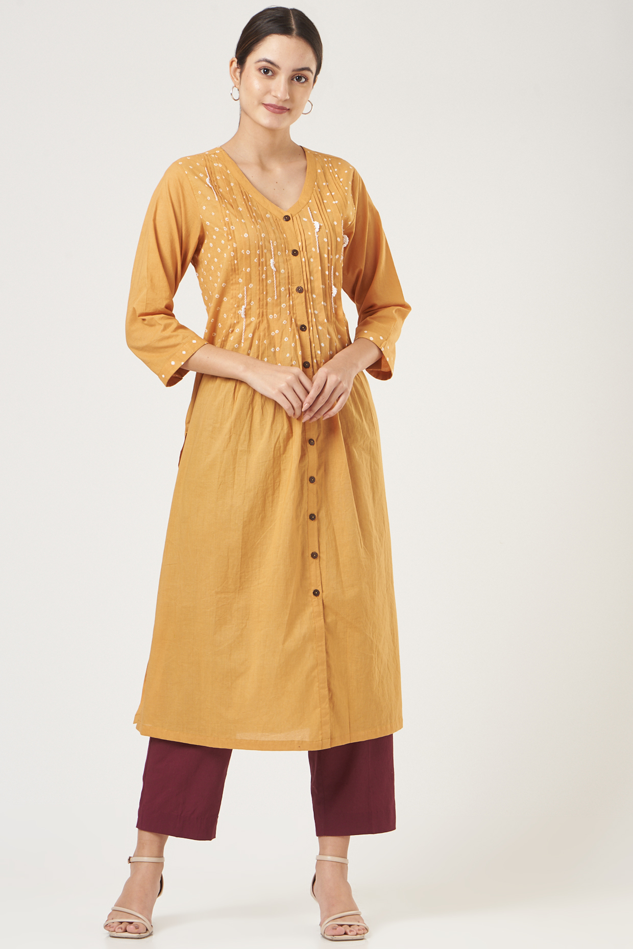 Mustard Yellow Kurta Set With Hand-Done Bandhani by The Pot Plant