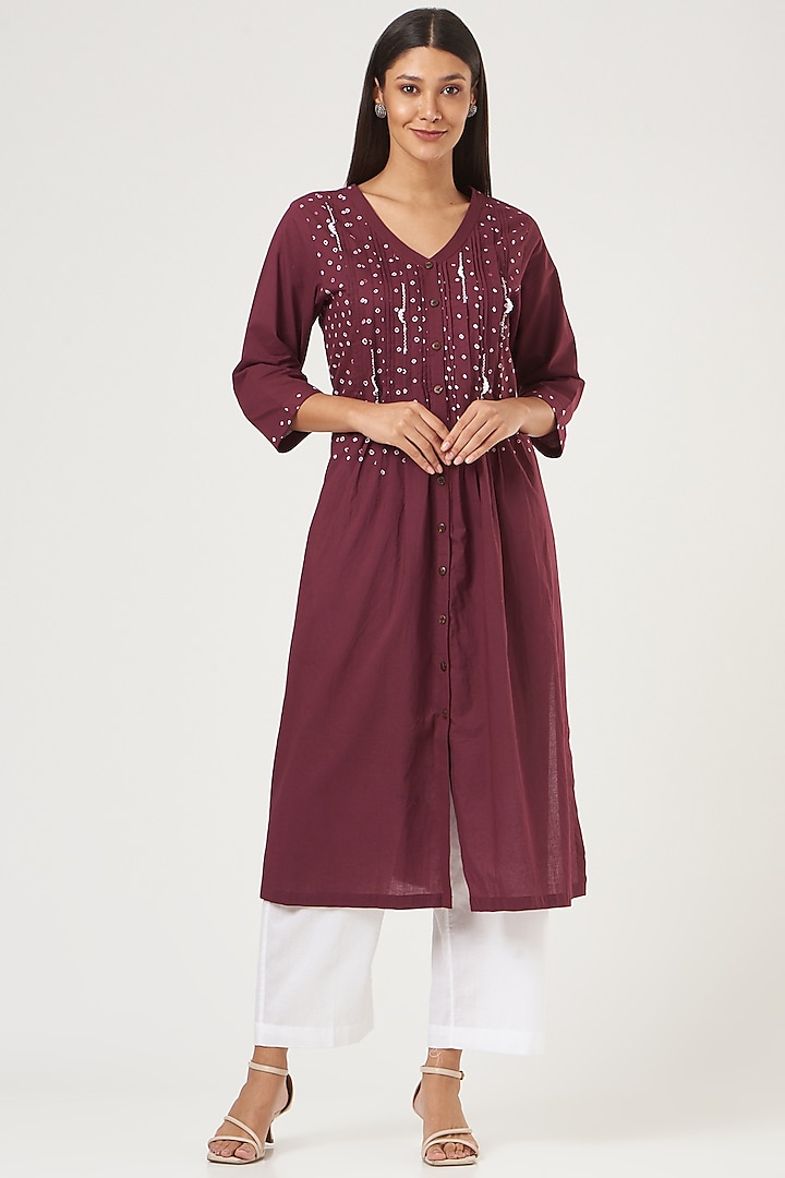 Wine Bandhani Kurta Set by The Pot Plant