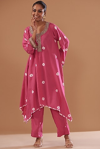Pink Cotton Silk Printed Kurta Set by The Pot Plant