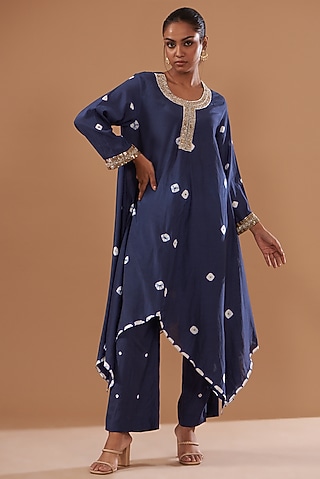 Blue Cotton Silk Printed Kurta Set by The Pot Plant
