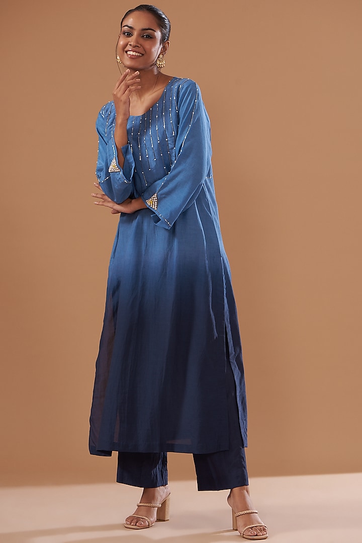 Blue Cotton Silk Ombre Embroidered Kurta Set by The Pot Plant