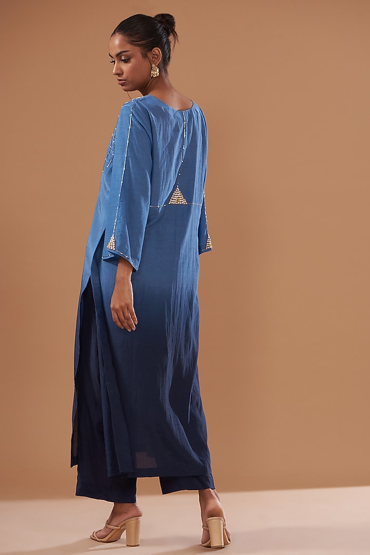 Blue Cotton Silk Ombre Embroidered Kurta Set by The Pot Plant at Pernia's Pop Up Shop
