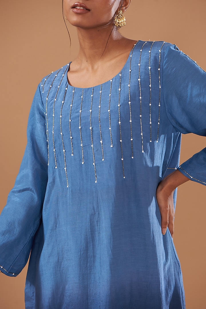 Blue Cotton Silk Ombre Embroidered Kurta Set by The Pot Plant at Pernia's Pop Up Shop