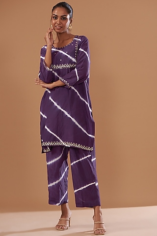 Purple Cotton Silk Printed Kurta Set by The Pot Plant
