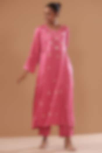 Pink Cotton Silk Hand Embroidered Kurta Set by The Pot Plant