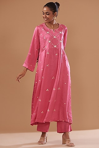 Pink Cotton Silk Hand Embroidered Kurta Set by The Pot Plant