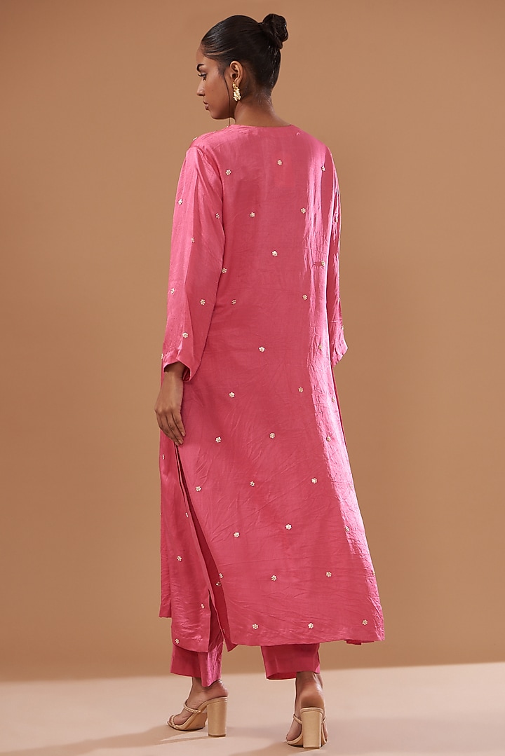 Pink Cotton Silk Hand Embroidered Kurta Set by The Pot Plant at Pernia's Pop Up Shop