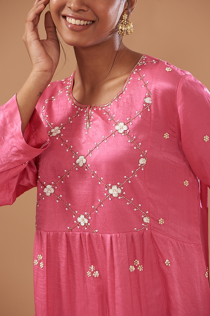 Pink Cotton Silk Hand Embroidered Kurta Set by The Pot Plant at Pernia's Pop Up Shop