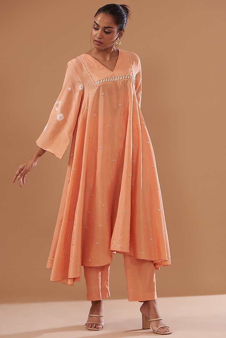 Peach Cotton Silk Printed & Embroidered Kurta Set by The Pot Plant
