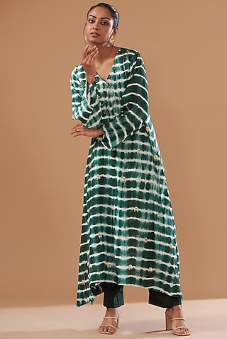 Green Cotton Silk Printed Kurta Set by The Pot Plant