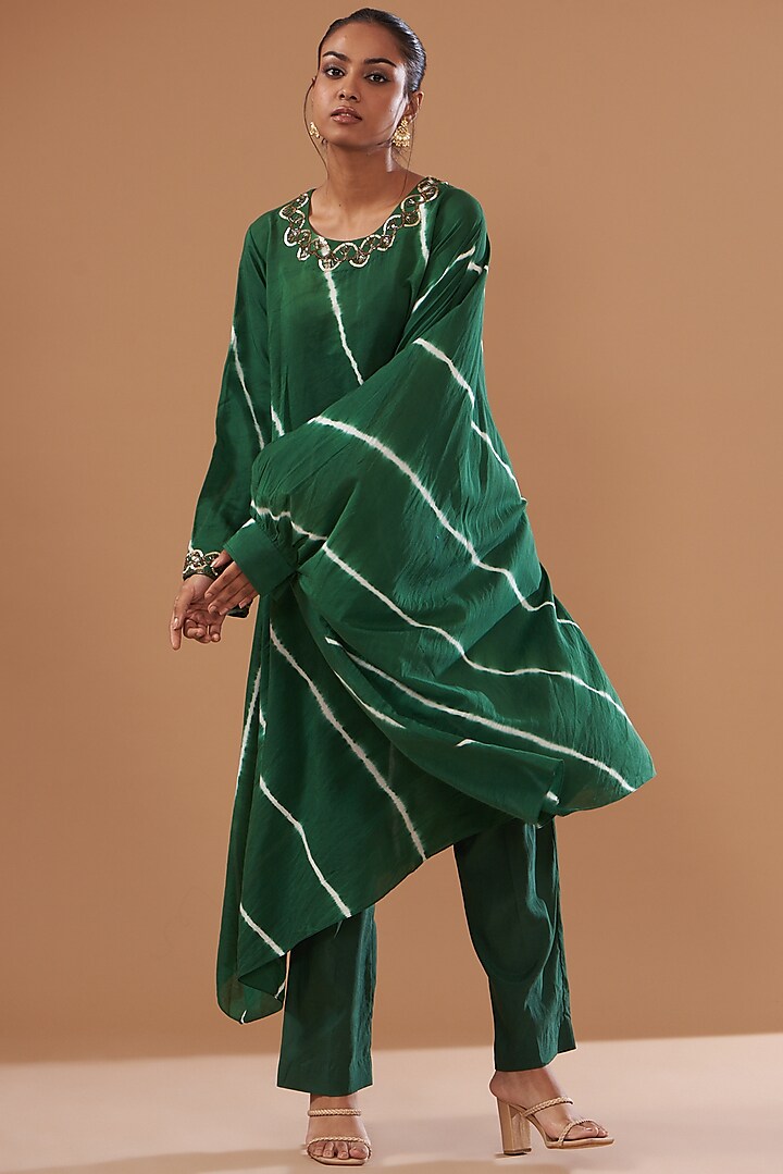 Green Cotton Silk Printed & Embroidered Kurta Set by The Pot Plant