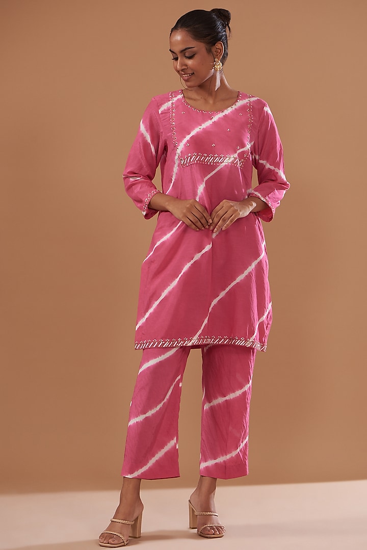 Pink Cotton Silk Printed & Embroidered Kurta Set by The Pot Plant