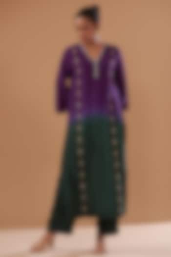 Purple & Green Ombre Cotton Silk Embroidered Kurta Set by The Pot Plant