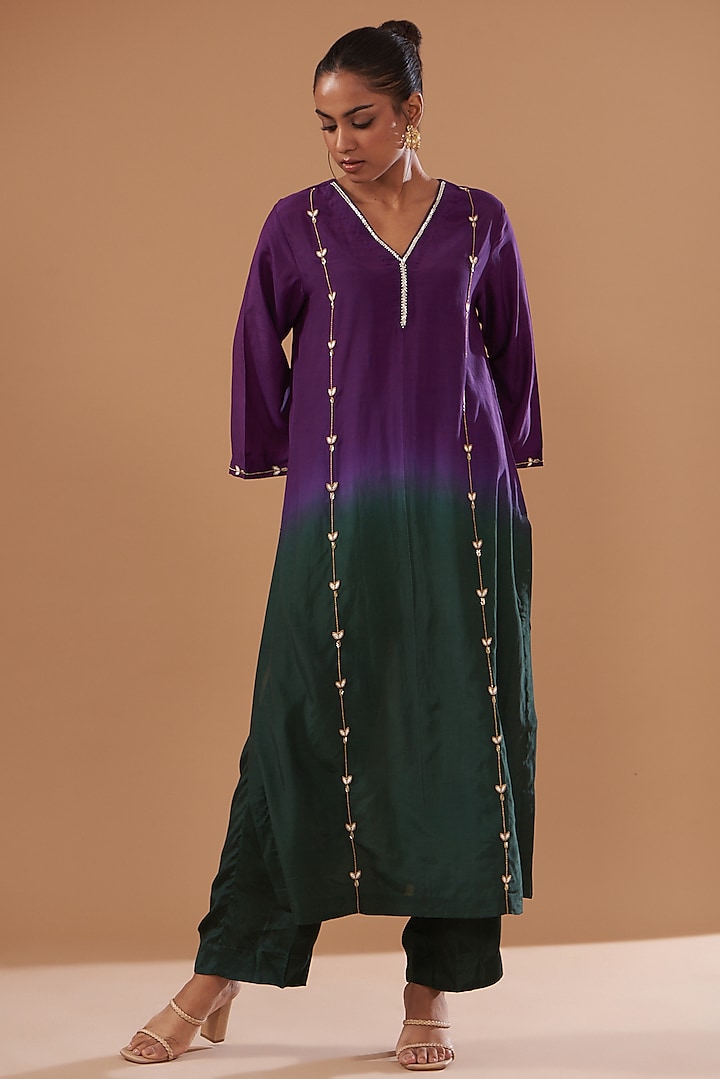 Purple & Green Ombre Cotton Silk Embroidered Kurta Set by The Pot Plant